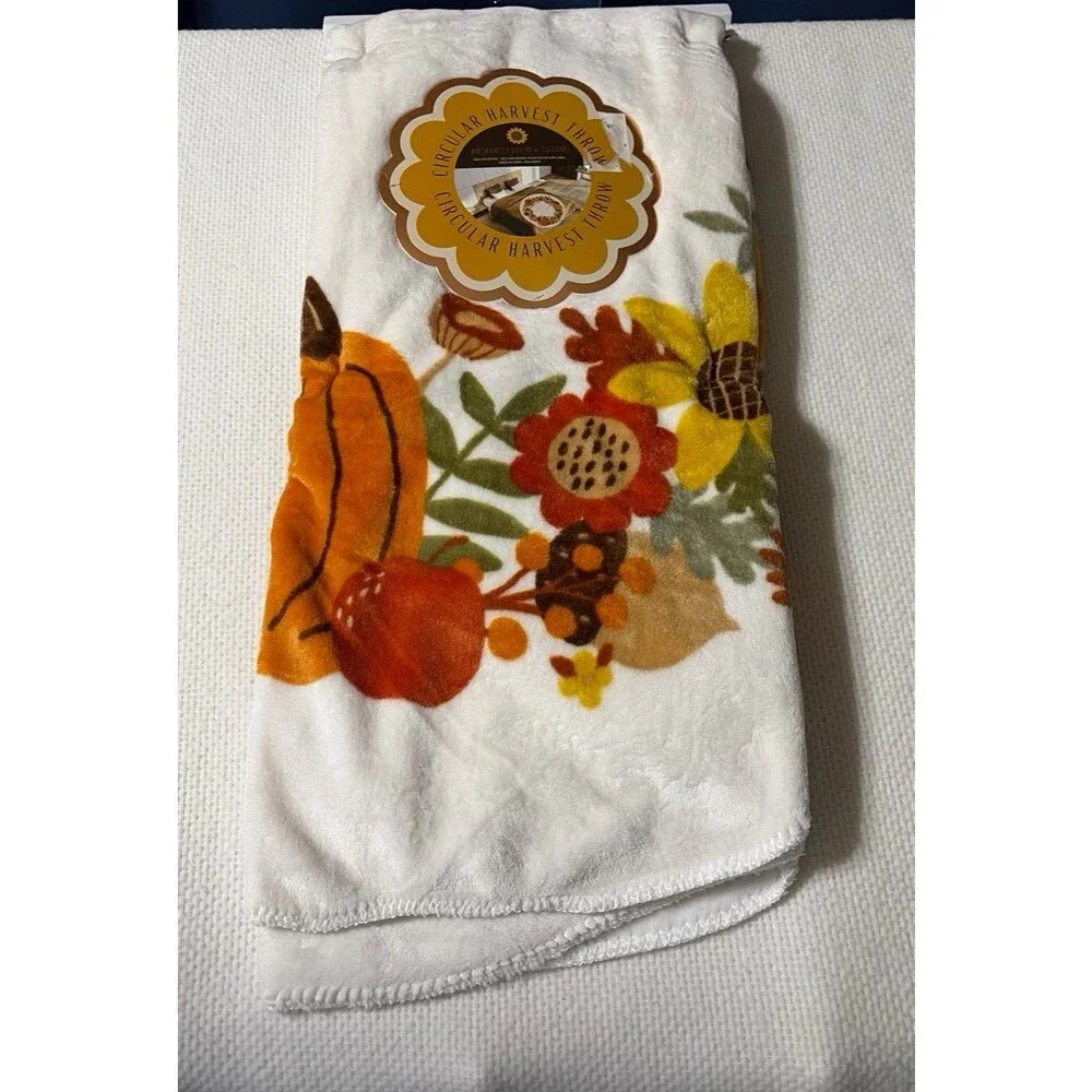 NWT Circular Harvest Throw Blanket 60” x 60” Pumpkin Sunflower Fall Autumn Plush
